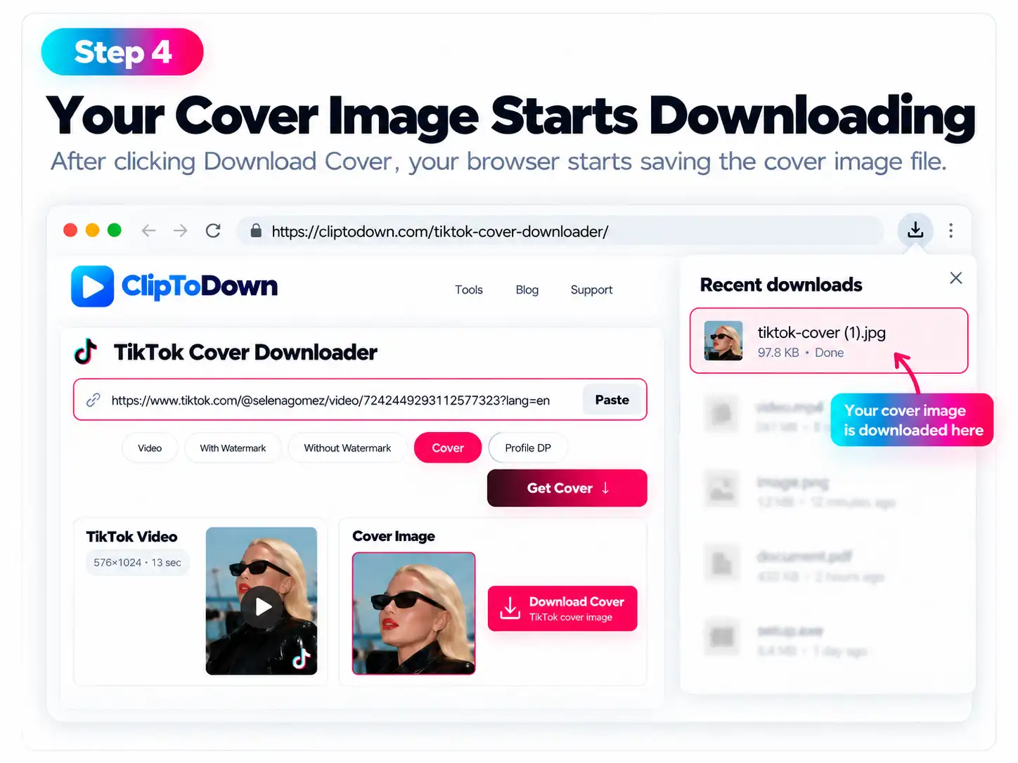 Step 4: Download the Cover Image using ClipToDown TikTok thumbnail downloader